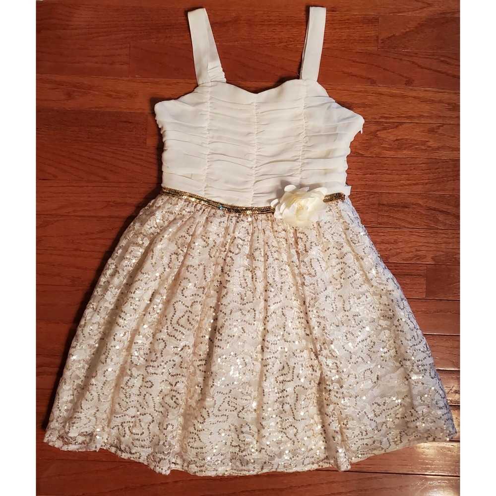 emily west Girls 10 Sleeveless Party Dress Cream Shirred Bodice Sequin Skirt pre